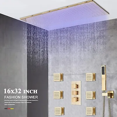 Brushed Gold Shower Faucet Set System 16x32 Inch LED Head Combo Massage Jets Kit • $249
