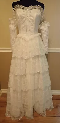 80s VTG Zum Zum White 5 Tiered Lace Sweet Heart Wedding Dress Detached Sleeves S • $155