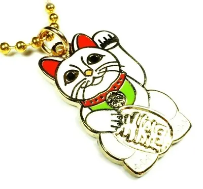 Maneki Neko Lucky Cat Wealth Success Money Charm Pendant Necklace W/ Ball Chain • $13.99