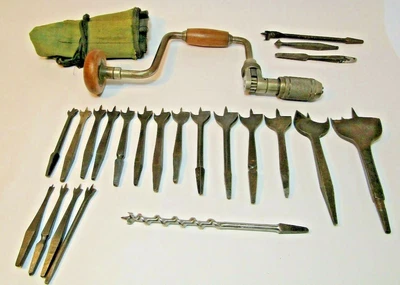 £75 • Buy Hand Brace With Flat Auger Bits, Screwdriver End, Countersink & Expansive Bit