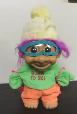 Russ Troll Born To Ski With Skis Purple Pink Hair 9” Vintage Doll • $12.95