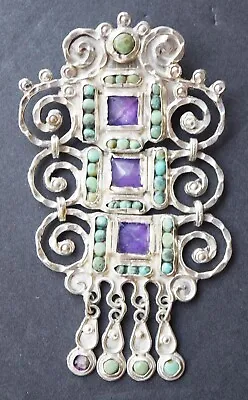 MATL - Silver Amethyst And Turquoise Brooch Circa 1930s-40s • $395