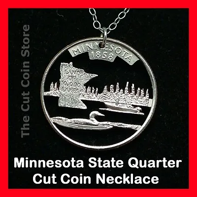 Minnesota Cut Coin Pendant Charm Necklace 25¢ MN Quarter Land Of 10000 Lakes • $24.95
