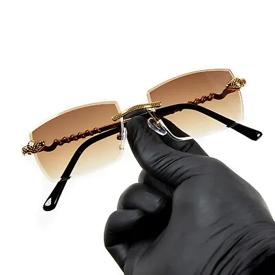 Mens Brown Gradient Tint Rimless Gold Frame Hip Hop Sunglasses • $10.99