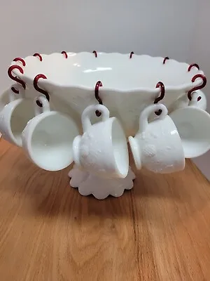 Westmoreland Milk Glass Grape  Punch Bowl 12 Cups  Hooks MINT • $150