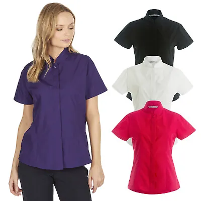 Womens Ladies Smart Short Sleeve Shirt Mandarin Collar Fitted Workwear Uniform • £6.99