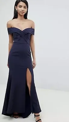 Jarlo Size 10 Dark Navy Blue Bardot Off Shoulder Ball Prom Gown Dress Maxi • £30