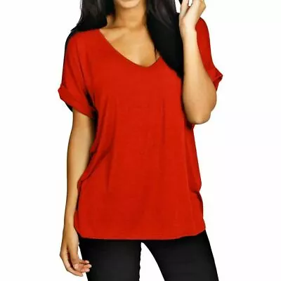 Women Ladies Baggy Loose Fit Oversized Turn Up Batwing Sleeve V Neck Top T Shirt • £7.49