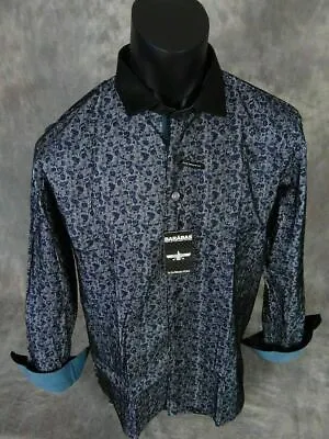 Mens BARABAS PREMIERE Shirt Black Velvet Pinstripe Over Blue Florals Classic Fit • $17.99