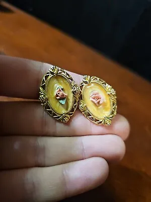 Vintage Earrings Enamel Pink Rose Floral Victorian Gold Tone • $8.99