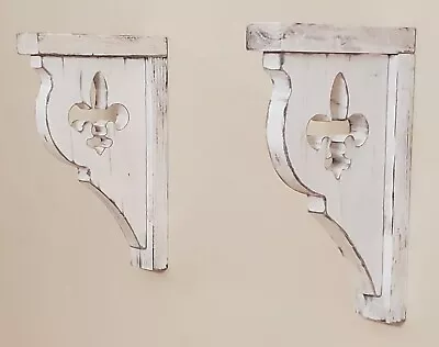 Pair Of Distressed White Fleur-de-lis Design Wood Corbels Shelf Brackets VSB19.2 • $36.99