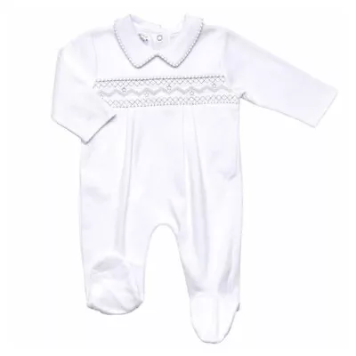 White Smocked Sleepsuit Baby Boy Girl Unisex  Spanish Style Babygrow 0-3 Months • £13.49