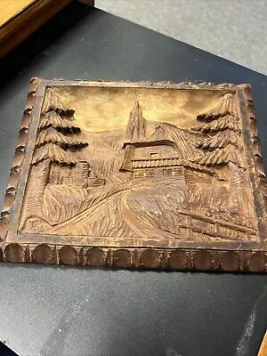 Vintage Wooden Hand Carved Mountains Trees House 3D Wall Art-8.5”x7” • $24.99