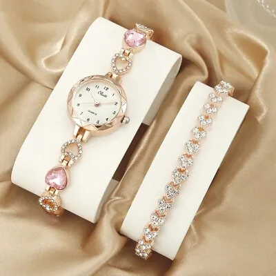 Watch Gift Set For Women 2 Piece Pink Rose Gold Wristwatch And Crystal Bracelet  • £7.59