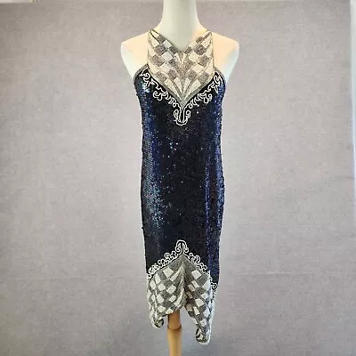 Vintage Dress Silk Embellished Sequin Size Small Formal Evening Mermaid Flaws* • $69.90