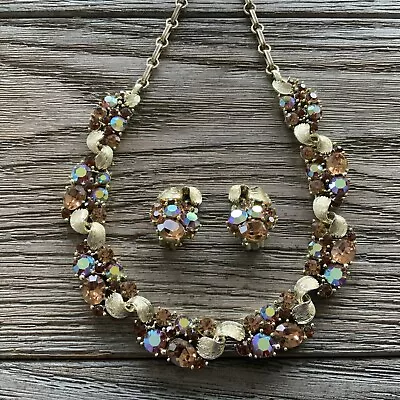 Vtg. Lisner Set Necklace Earrings AB Amber Smoky Quartz Brushed Goldtone PRETTY • $35