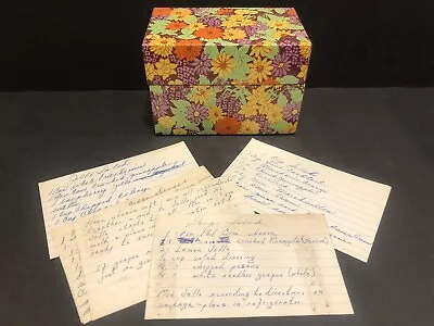 Vtg Recipe Tin Box Handwritten Recipes Floral Flower 60s 70s Green Orange Yellow • $19.99