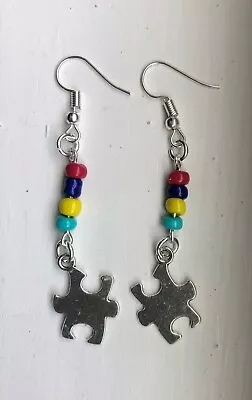 Autism Awareness Puzzle Pieces Novelty Dangling Drop Charm Earrings With Beads • $6