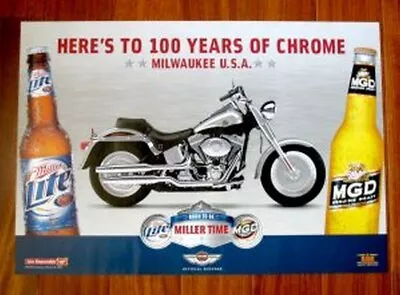 Miller Lite Miller Genuine Draft Beer 27x18 100yrs Chrome Harley Davidson Poster • $20