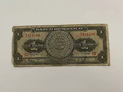 Mexican Bank Note: El Banco De Mexico S.A. 1954 1 Pesos Serie DW No. Z414596 • $0.53