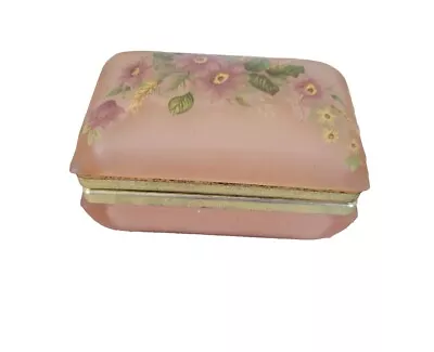 💍Vintage Pink Satin Glass Hand-painted Jewelry Casket 1970s Trinket Box Storage • $24.99