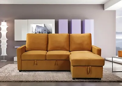 Mustard Sofa Bed Corner- Velvet Fabric Sofa Bed With Storage & Reversible Chaise • £649
