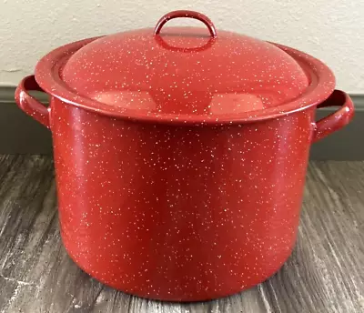 Vtg Red & White Speckled Enamel Ware Stock Pot Pan & Lid  6 Qt • $19.95