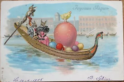 Dressed Anthropomorphic Animal 1906 Easter Postcard Rabbit Gondola Color Litho • $12.99