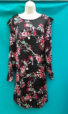 Tunic Dressblack/pink Floral/birds60's70s80's90s Vintage Stylesize 12 Ap • £7.99