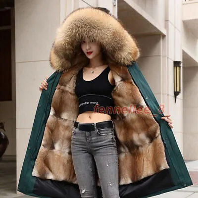 Womens Mink Fur Lining Parka Jacket Hooded Raccoon Fur Collar Coat Warm Overcoat • $327.60