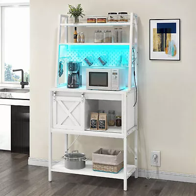 32'' Baker's Rack Coffee Bar Cabinet Farmhouse Microwave Stand With Power Outlet • $121.99