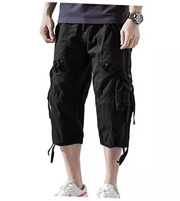 AOYOG Men’s Cargo Shorts 3/4 Relaxed Fit Below Knee Capri Cargo Pants 34 Black • $48.02