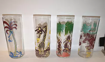 Vintage Federal Glass Tiki Bar 7” Tall Tumblers Monkeys Giraffe Native Dancers • $35