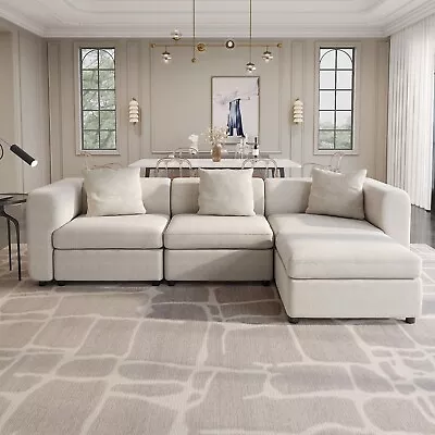 Guyii Beige L-Shaped Modular Sectional Sofa With Ottoman 4 Seat Convertible Sofa • $1098.57