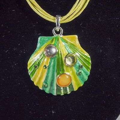 Enameled Scallop Shell Jewel Pendant On Cord Mermaid Necklace Green Teal Yellow • $19.95