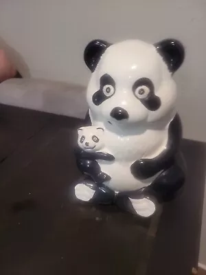 Vtg Ceramic Panda Bear Cookie Jar W/ Baby Panda 10.5  • $40