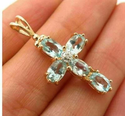 $104.99 • Buy 6Ct Oval Cut Aquamarine Cross Pendant 18  Free Chain 14K Yellow Gold Finish