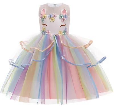 Kids Girls Unicorn Tutu Dress Up Costume Rainbow Fancy Party Outfit Headband Set • £13.77