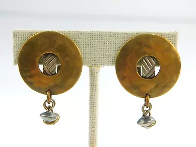 Vintage Marjorie Baer Bronze Button Medallion Dangle Bead MBSF Earrings 1.25  • $19.99