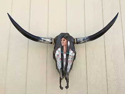 PAINTED LONGHORN STEER SKULL 3 FEET 2  Wide HORN ( INDIAN WOMAN ) Cow BULL Head • $215