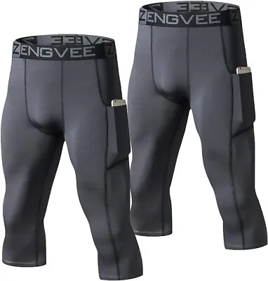 Men's 2 Pack 3/4 Compression Cool Dry Base Layer Training Leggings Grey (XL) (23 • £13.99