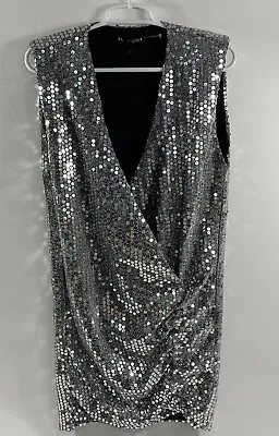 $19.80 • Buy Zara Silver All Over Sequin Short Dress V Neck Women’s XS Girls Night Out