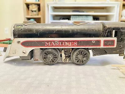 Vintage O Marx Marlines Steam Locomotive Train Toy 11 Pcs Metal Fencing & More • $39