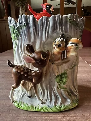 Mid Century Ceramic Cookie Jar Tree Trunk W/ 3D Deer Chipmunk And Cardinal • $125