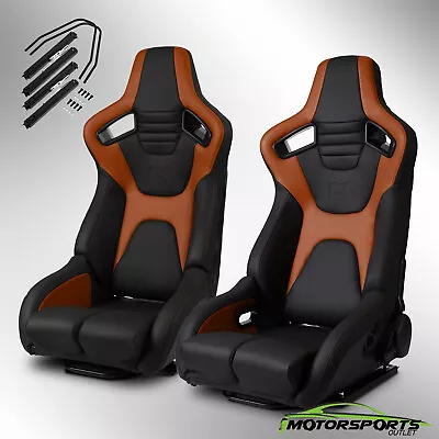 Universal PVC Reclinable Black+Brown Sport Racing Seats Pair With Slider • $422.98