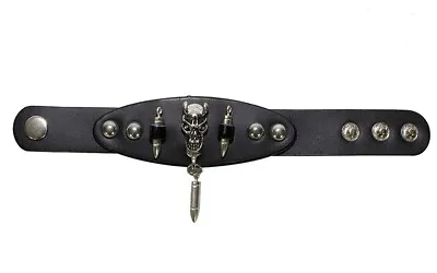 Black Leather Wristband With Demonic Skull And Bullets • $20.99