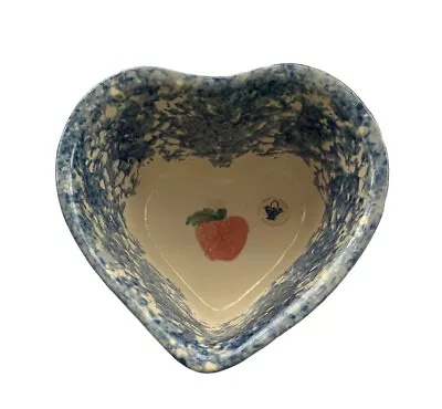 £15.99 • Buy Heart Shaped Pottery Bowl With Blue Spongeware Apple Hand Painted ￼ Signed ￼New