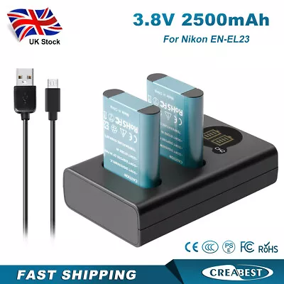 2x 2500mAh EN-EL23 Battery & Dual Charger For Nikon Coolpix P900 P600 P610 P700 • £24.91