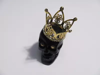 Hand Decorated Black Resin Mini Skull With Gold Gem Eye Socks & A Gold Crown • $5.99