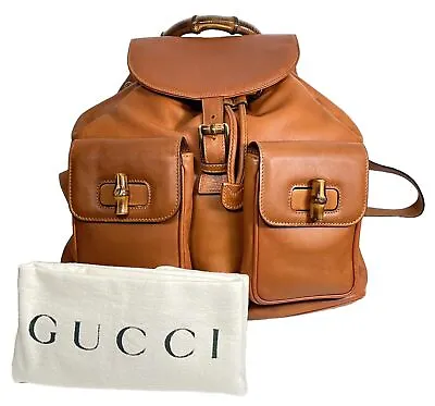 Vintage Gucci Bamboo Backpack Drawstring Bag Leather GG Shoulder Purse • $319
